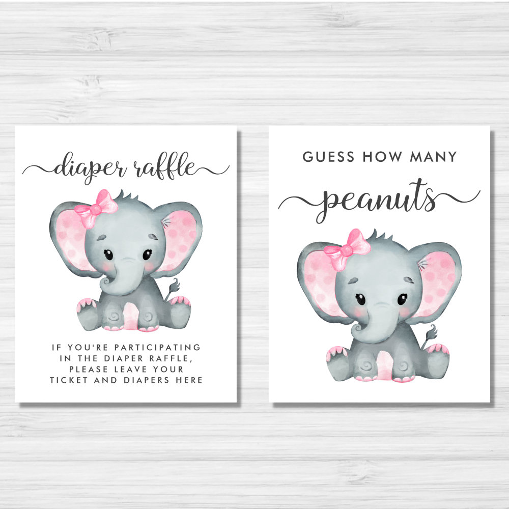 Cute Elephant Baby Girl Shower Games Poster Set