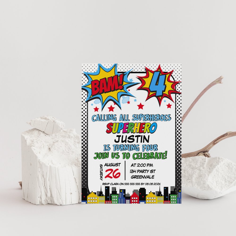 Red Blue Yellow Bam Superhero 4th Birthday Invitation