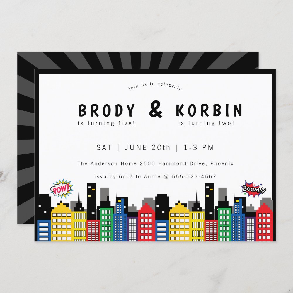 Superhero Theme Joint Birthday Invitation