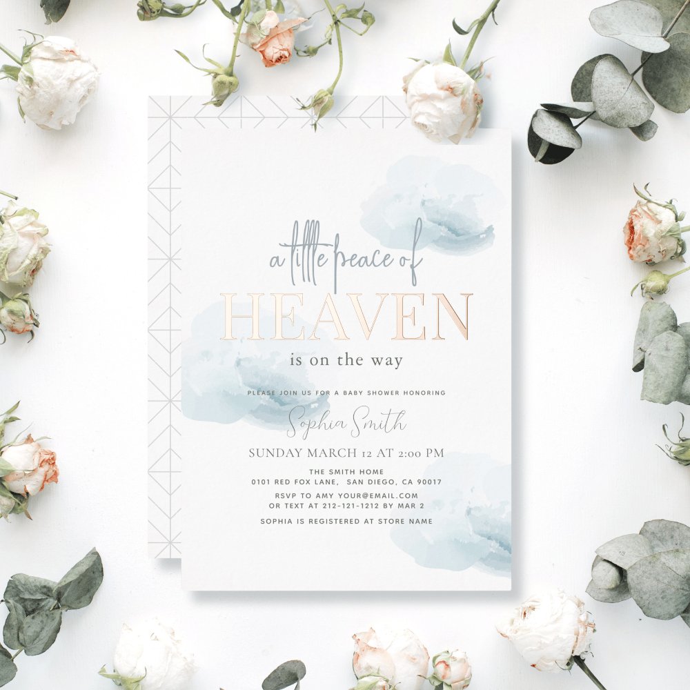 Little Peace of Heaven Blue Cloud Boy Baby Shower Foil Invitation