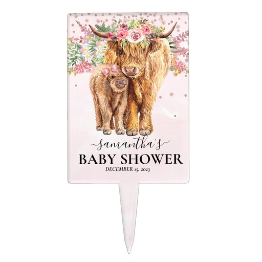 Highland Cow Pink Flower Baby shower Cake Topper