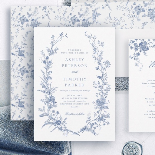 Elegant French Vintage Blue Floral Wedding Invitation