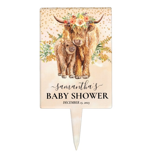 Highland Cow Flower Baby shower Peach Cake Topper