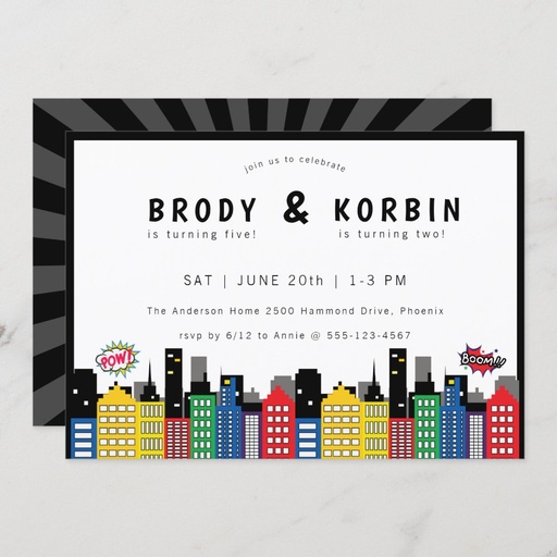 Superhero Theme Joint Birthday Invitation