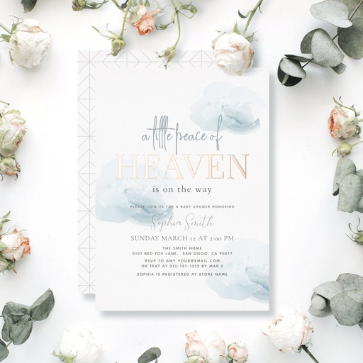Little Peace of Heaven Blue Cloud Boy Baby Shower Foil Invitation